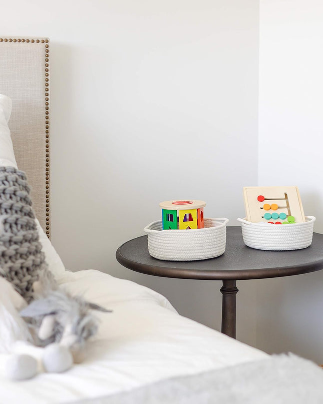 5-Piece round Small Woven Baskets Set– Cotton Rope Baskets for Organizing! Montessori Toys, Fruits Remotes Key Tray Bowl for Entryway Desk, Shallow Catchall Home Décor, Cat Dog Bin Gift