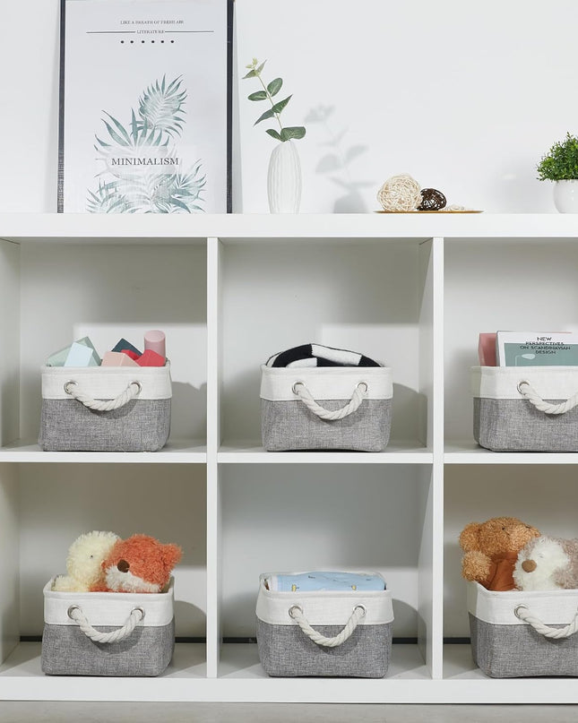 Small Baskets for Organizing Fabric Storage Baskets for Shleves 6 Pack Collapsible Closet Storage Bins with Handles Linen Organizer Baskets for Bathroom Nursery Home Storage (White&Grey)