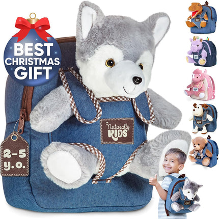 Wolf Backpack, Wolf Toys for Kids 3-5, Toddler Husky Stuffed Animal Gifts for 2 3 4 5 Year Old Girl Boy