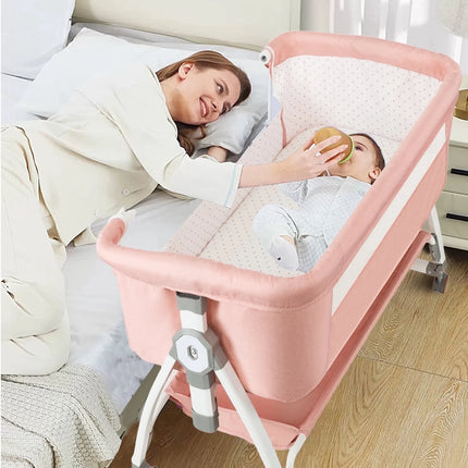 Baby Bassinet, 5-In-1 Infant Bedside Crib with Changing Table and Locked Wheel, Adjustable Height, for 0-24 Months, Pink