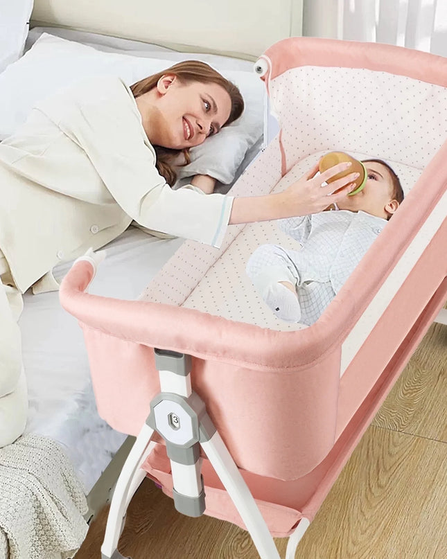 Baby Bassinet, 5-In-1 Infant Bedside Crib with Changing Table and Locked Wheel, Adjustable Height, for 0-24 Months, Pink