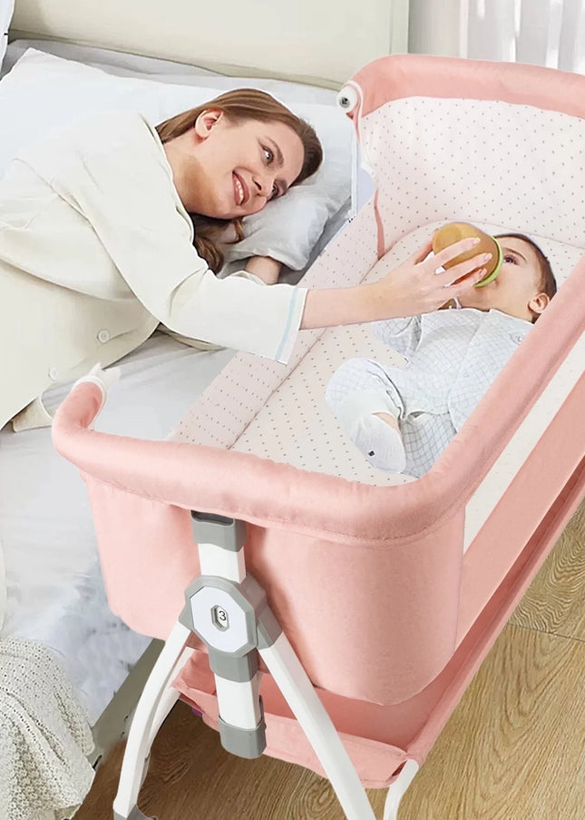 Baby Bassinet, 5-In-1 Infant Bedside Crib with Changing Table and Locked Wheel, Adjustable Height, for 0-24 Months, Pink