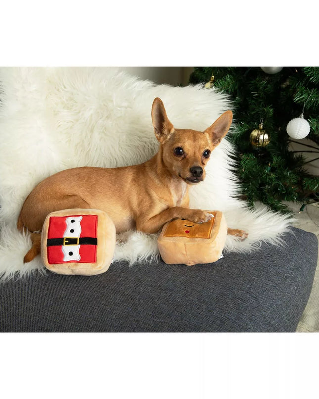 Midlee Gift Box Christmas Squares Sugar Cookie Plush Dog Toy-Reindeer, Gingerbread Man, Santa, Elf