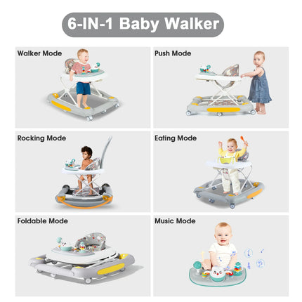 6-In-1 Baby Walker, Foldable Push Walker with Musical Activity Station for 6-24 Months, Gray