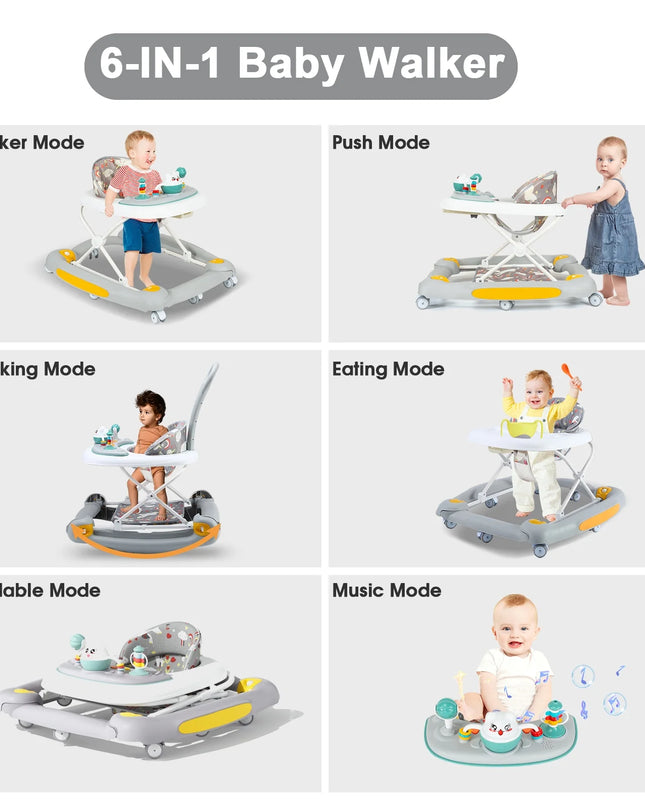 6-In-1 Baby Walker, Foldable Push Walker with Musical Activity Station for 6-24 Months, Gray