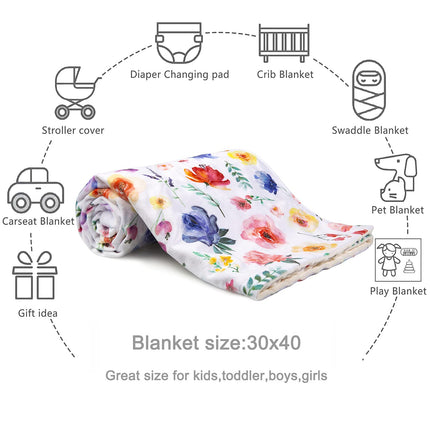 Baby Blanket for Girls Super Soft Double Layer Minky with Dotted Backing, Receiving Blanket with Blue Floral Multicolor Printed Blanket 30 X 40 Inch(75X100Cm)