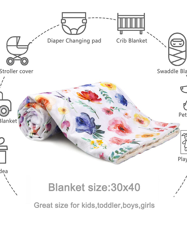 Baby Blanket for Girls Super Soft Double Layer Minky with Dotted Backing, Receiving Blanket with Blue Floral Multicolor Printed Blanket 30 X 40 Inch(75X100Cm)