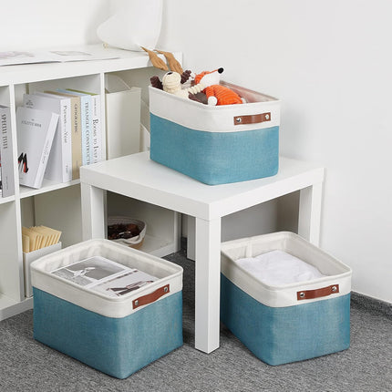 Storage Baskets for Shelves, Fabric Collapsible Rectangular Storage Bins for Shelves, Closets, Nursery, Home, Empty Gift Baskets (3-Pack Medium-15 Inch X 11 Inch X 9.5 Inch , White&Teal)