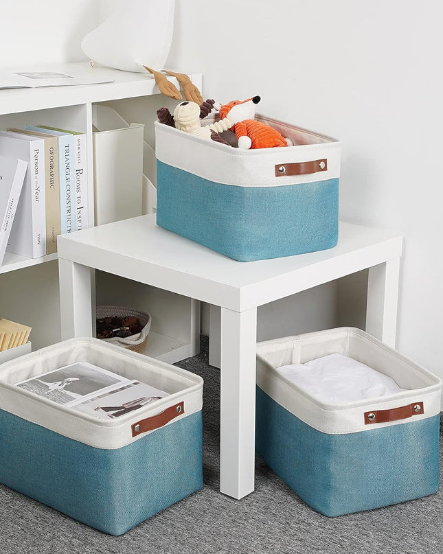 Storage Baskets for Shelves, Fabric Collapsible Rectangular Storage Bins for Shelves, Closets, Nursery, Home, Empty Gift Baskets (3-Pack Medium-15 Inch X 11 Inch X 9.5 Inch , White&Teal)