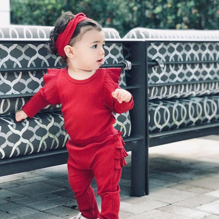 Baby Girl'S 3Pc Rib Frill Long Sleeve Romper and Pant Set