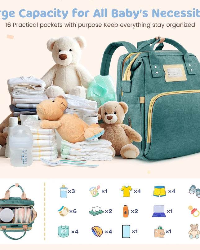 Multifunctional Diaper Bag Backpack with Changing Station & Insulated Pockets, Green