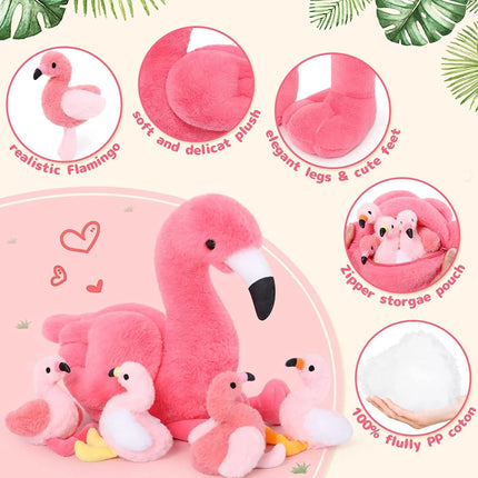 18'' Plush Flamingo Stuffed Animal Mommy Stuffed Flamingo with 4 Babies
