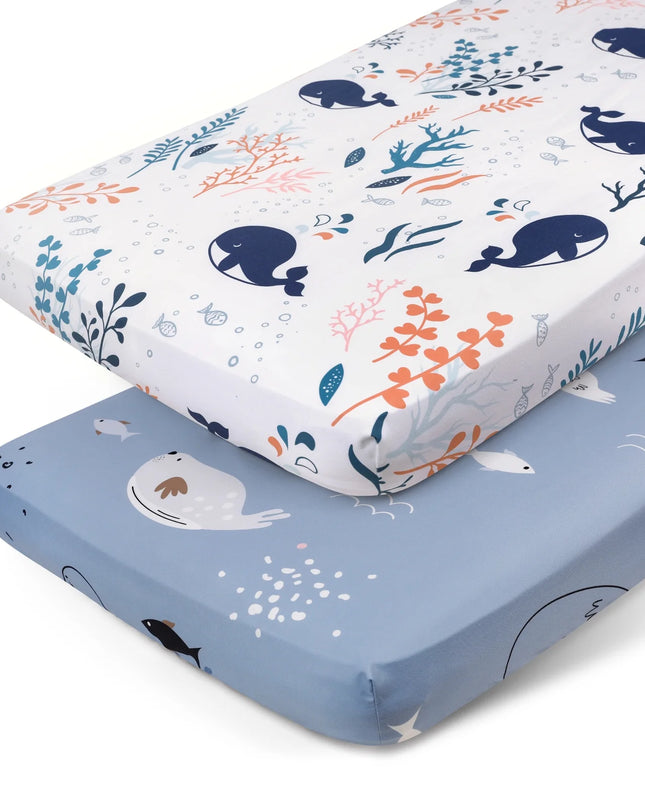 Crib Sheets for Boys Girls, Organic Fitted Elastic Toddler Bed Crib Mattress Sheets for Infant Unisex 52"X 28" X 9", Blue Ocean