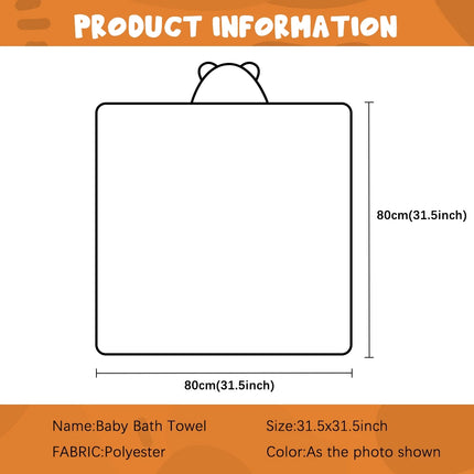 Baby Bath Towel, Absorbent Large Hooded Towel for Kids, Newborn, Babie, Toddler, Infant, Orange Bear, 31.5 X 31.5 Inch