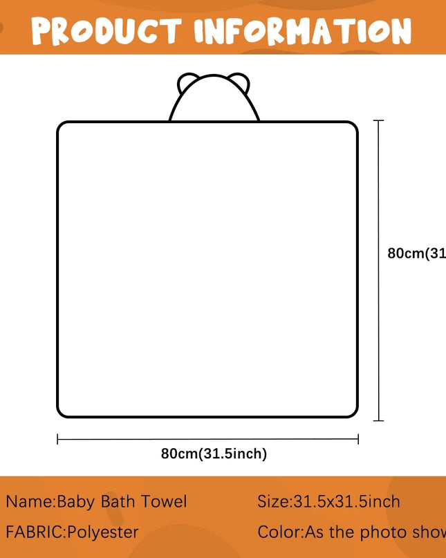 Baby Bath Towel, Absorbent Large Hooded Towel for Kids, Newborn, Babie, Toddler, Infant, Orange Bear, 31.5 X 31.5 Inch