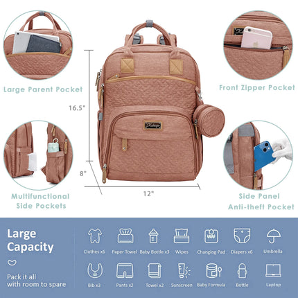 Baby Diaper Bag with Changing Pad,  Large Capacity Travel Backpack with Insulated Milk Bottle Pocket, Pink