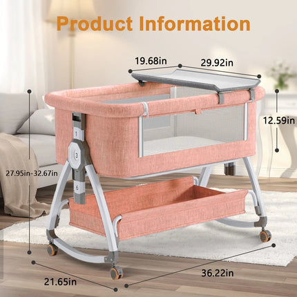 Baby Bassinet, 5-In-1 Infant Bedside Crib with Changing Table and Locked Wheel, Adjustable Height, for 0-24 Months, Pink