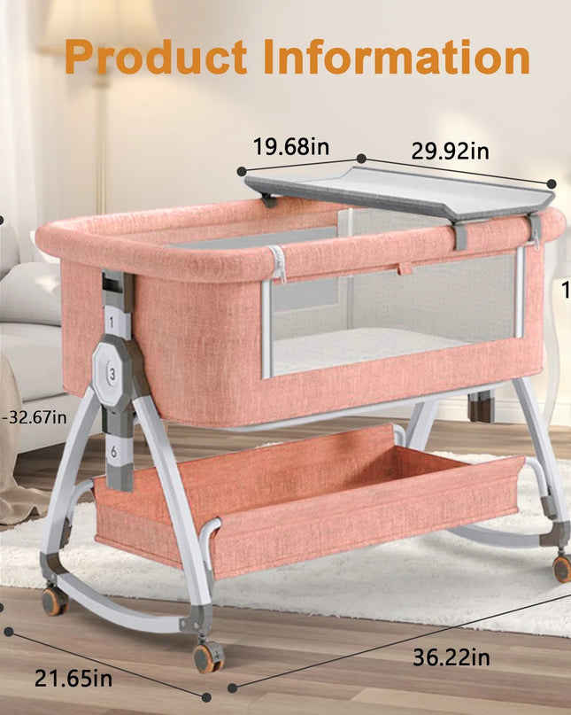 Baby Bassinet, 5-In-1 Infant Bedside Crib with Changing Table and Locked Wheel, Adjustable Height, for 0-24 Months, Pink