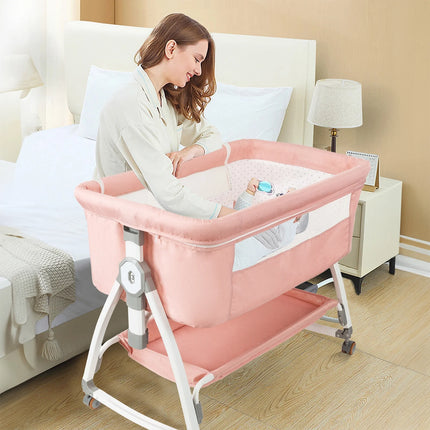 Baby Bassinet, 5-In-1 Infant Bedside Crib with Changing Table and Locked Wheel, Adjustable Height, for 0-24 Months, Pink