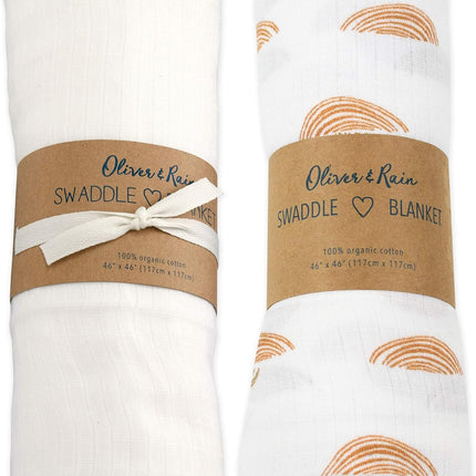 Organic Muslin Baby Boy Swaddle Blankets 2 Pack Receiving Blanket Sunset Print, White