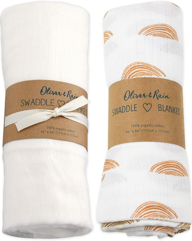 Organic Muslin Baby Boy Swaddle Blankets 2 Pack Receiving Blanket Sunset Print, White