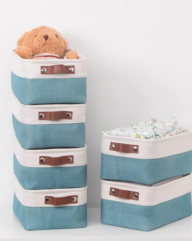 Storage Baskets Bins Set, (6 Pack) Small Fabric Baskets for Shelves, Baskets for Gifts Empty with Handles for Organizing Shelf Nursery Home Closet Clothes Room(White Teal, 11.8" X 7.8" X 5.1")