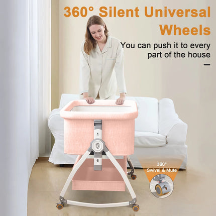 Baby Bassinet, 5-In-1 Infant Bedside Crib with Changing Table and Locked Wheel, Adjustable Height, for 0-24 Months, Pink
