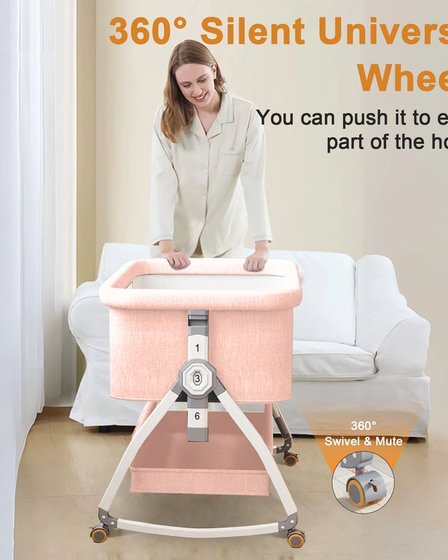 Baby Bassinet, 5-In-1 Infant Bedside Crib with Changing Table and Locked Wheel, Adjustable Height, for 0-24 Months, Pink