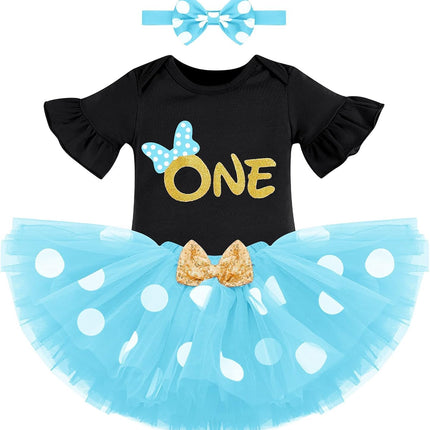 Baby Girl First Birthday Outfit Ruffle ONE Party Romper Polka Dots Tutu Skirt Headband Cake Smash Clothes Set