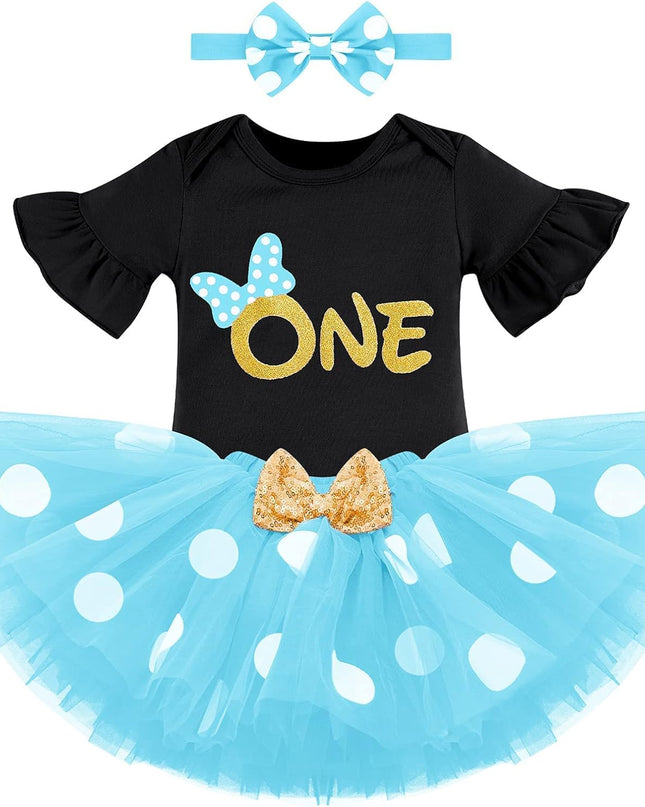 Baby Girl First Birthday Outfit Ruffle ONE Party Romper Polka Dots Tutu Skirt Headband Cake Smash Clothes Set