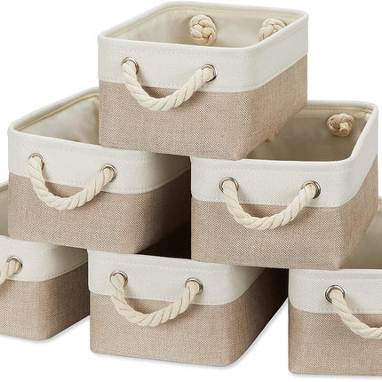 Small Fabric Storage Baskets 6 Pcs Decorative Baskets Bins for Gifts Empty Foldable Storage Basket with Handles for Organizing Shelf, Towels (White&Khaki,11.8 L X 7.9 W X 5.3 H Inches)