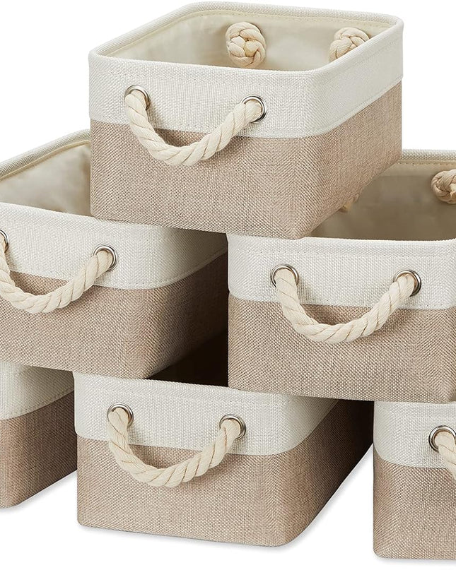 Small Fabric Storage Baskets 6 Pcs Decorative Baskets Bins for Gifts Empty Foldable Storage Basket with Handles for Organizing Shelf, Towels (White&Khaki,11.8 L X 7.9 W X 5.3 H Inches)