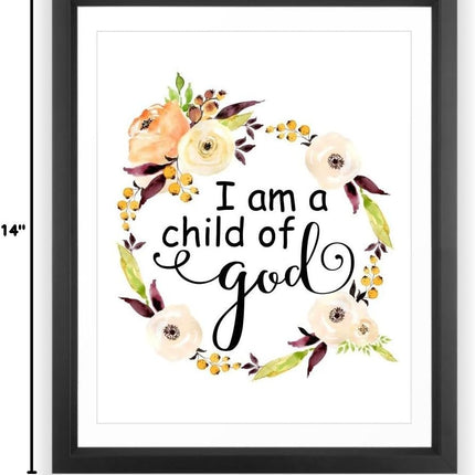 11X14 Unframed I Am a Child of God Floral Watercolor Art Print Housewarming Nursery Quote Kids Wall Motivational Poster Holiday Wgnb040