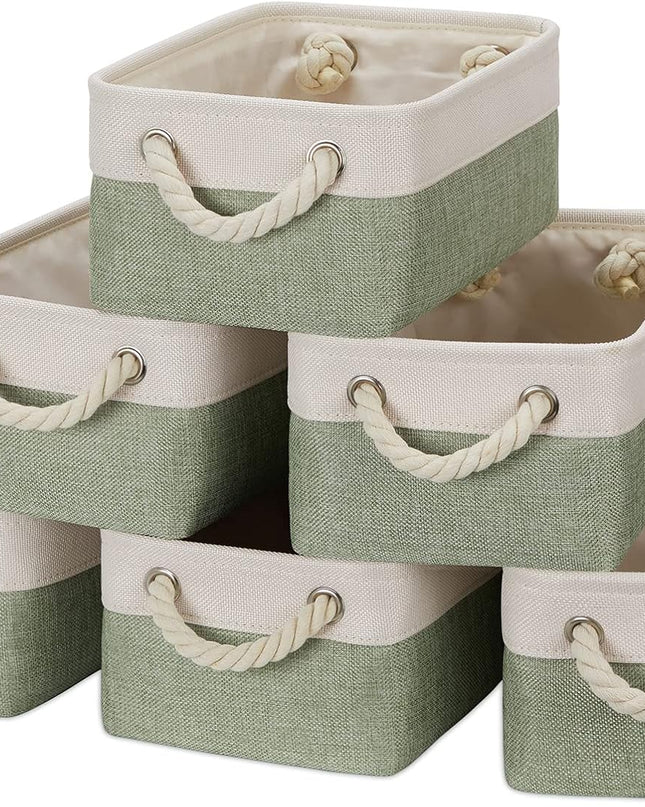 Small Storage Baskets Small Fabric Bins for Closet, 6 Pack Decorative Storage Boxes with Rope Handles for Organizing Clothes, Canvas Storage Basket(White&Green,11.8L X 7.9W X 5.3H Inches)