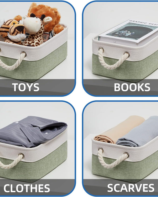 Small Storage Baskets Small Fabric Bins for Closet, 6 Pack Decorative Storage Boxes with Rope Handles for Organizing Clothes, Canvas Storage Basket(White&Green,11.8L X 7.9W X 5.3H Inches)