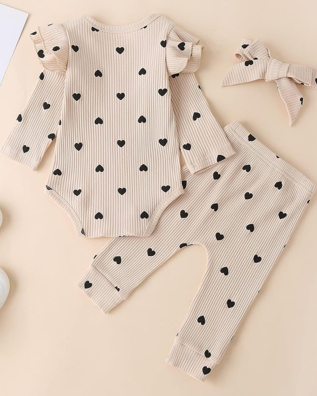 Baby Girl'S 3Pc Rib Frill Long Sleeve Romper and Pant Set