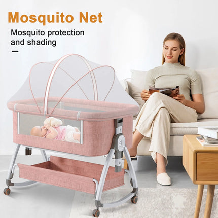 Baby Bassinet, 5-In-1 Infant Bedside Crib with Changing Table and Locked Wheel, Adjustable Height, for 0-24 Months, Pink