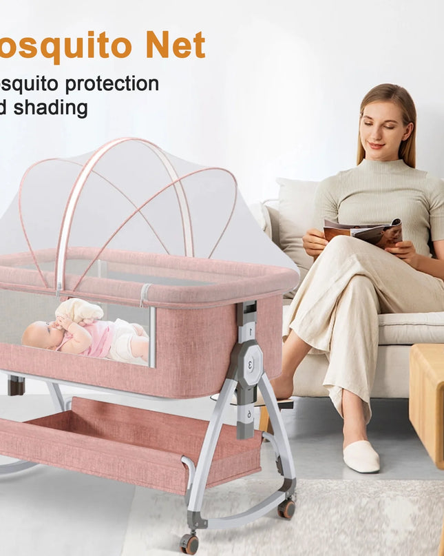 Baby Bassinet, 5-In-1 Infant Bedside Crib with Changing Table and Locked Wheel, Adjustable Height, for 0-24 Months, Pink