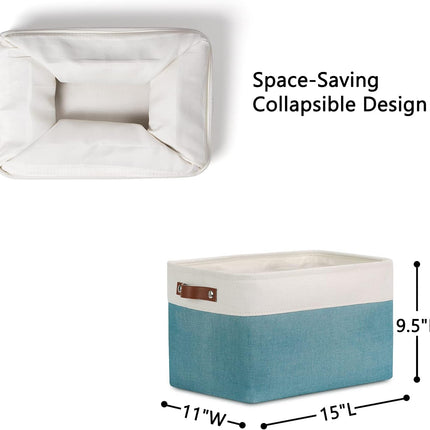 Storage Baskets for Shelves, Fabric Collapsible Rectangular Storage Bins for Shelves, Closets, Nursery, Home, Empty Gift Baskets (3-Pack Medium-15 Inch X 11 Inch X 9.5 Inch , White&Teal)