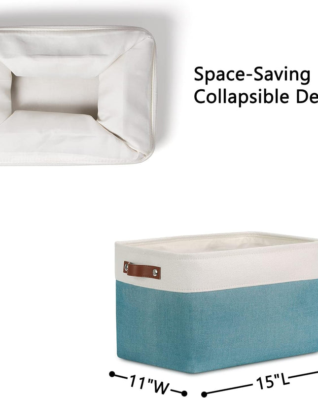 Storage Baskets for Shelves, Fabric Collapsible Rectangular Storage Bins for Shelves, Closets, Nursery, Home, Empty Gift Baskets (3-Pack Medium-15 Inch X 11 Inch X 9.5 Inch , White&Teal)