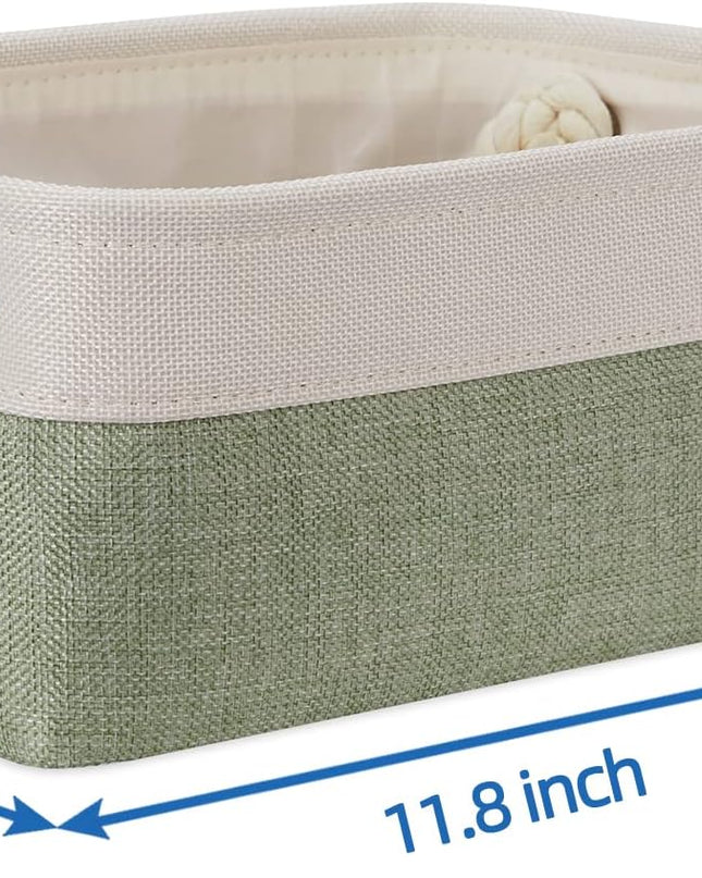 Small Storage Baskets Small Fabric Bins for Closet, 6 Pack Decorative Storage Boxes with Rope Handles for Organizing Clothes, Canvas Storage Basket(White&Green,11.8L X 7.9W X 5.3H Inches)